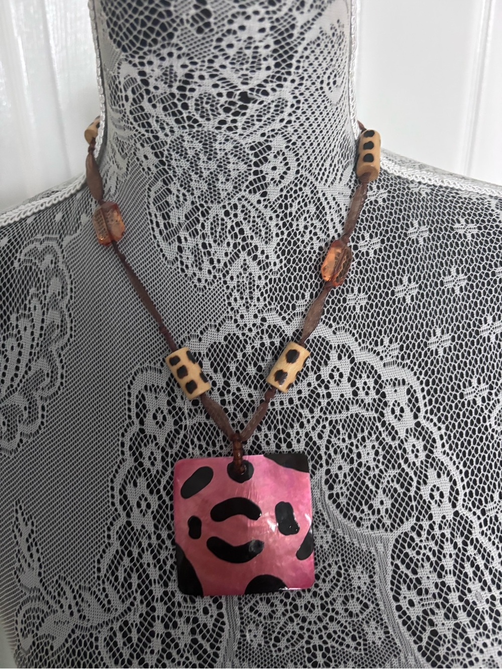 Handmade Pink and Black Statement Pendant Necklace made from shell
